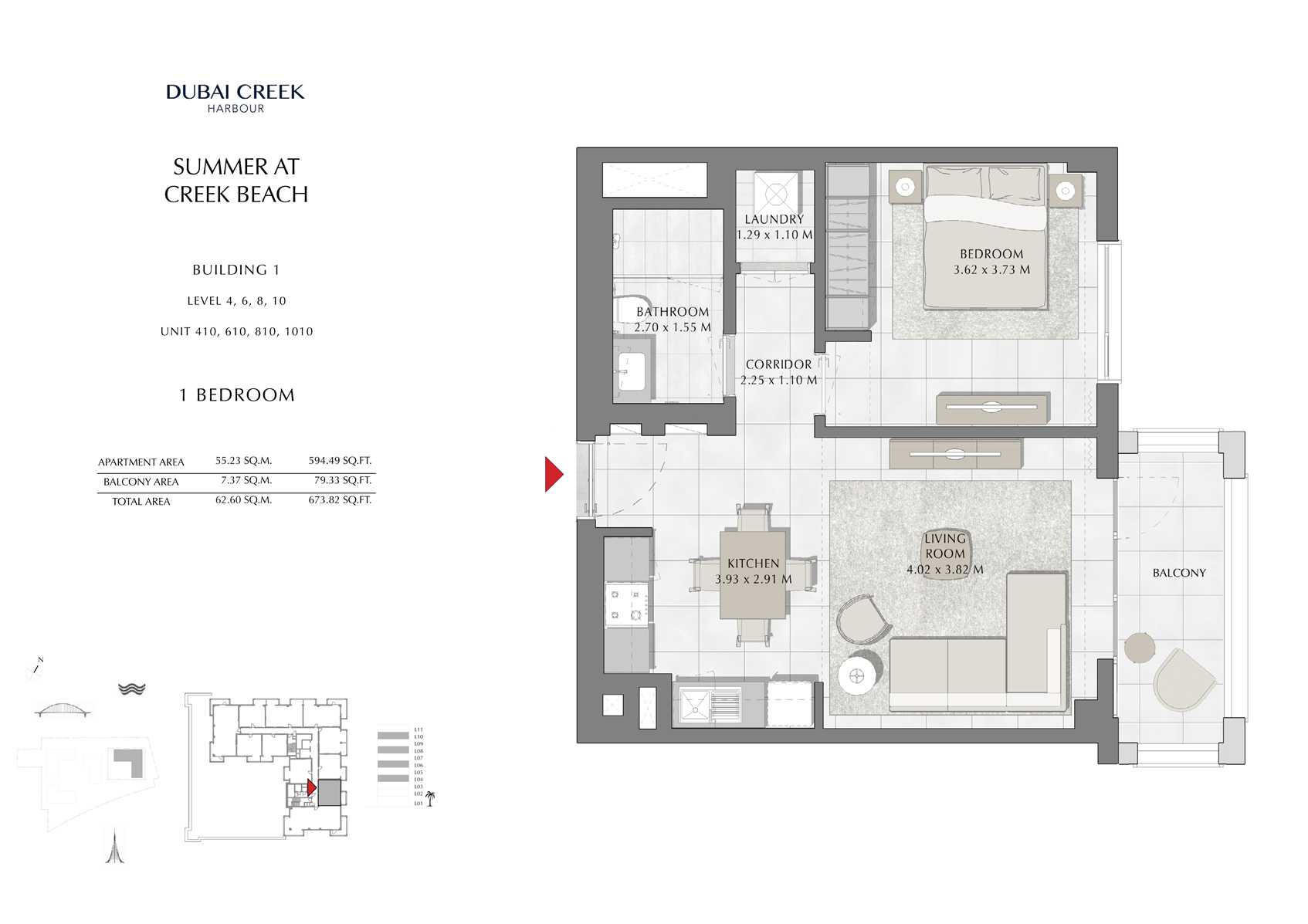 1 Br Building 1 Level-4-6-8-10 Unit 410-610-810-1010, Size 673 Sq Ft